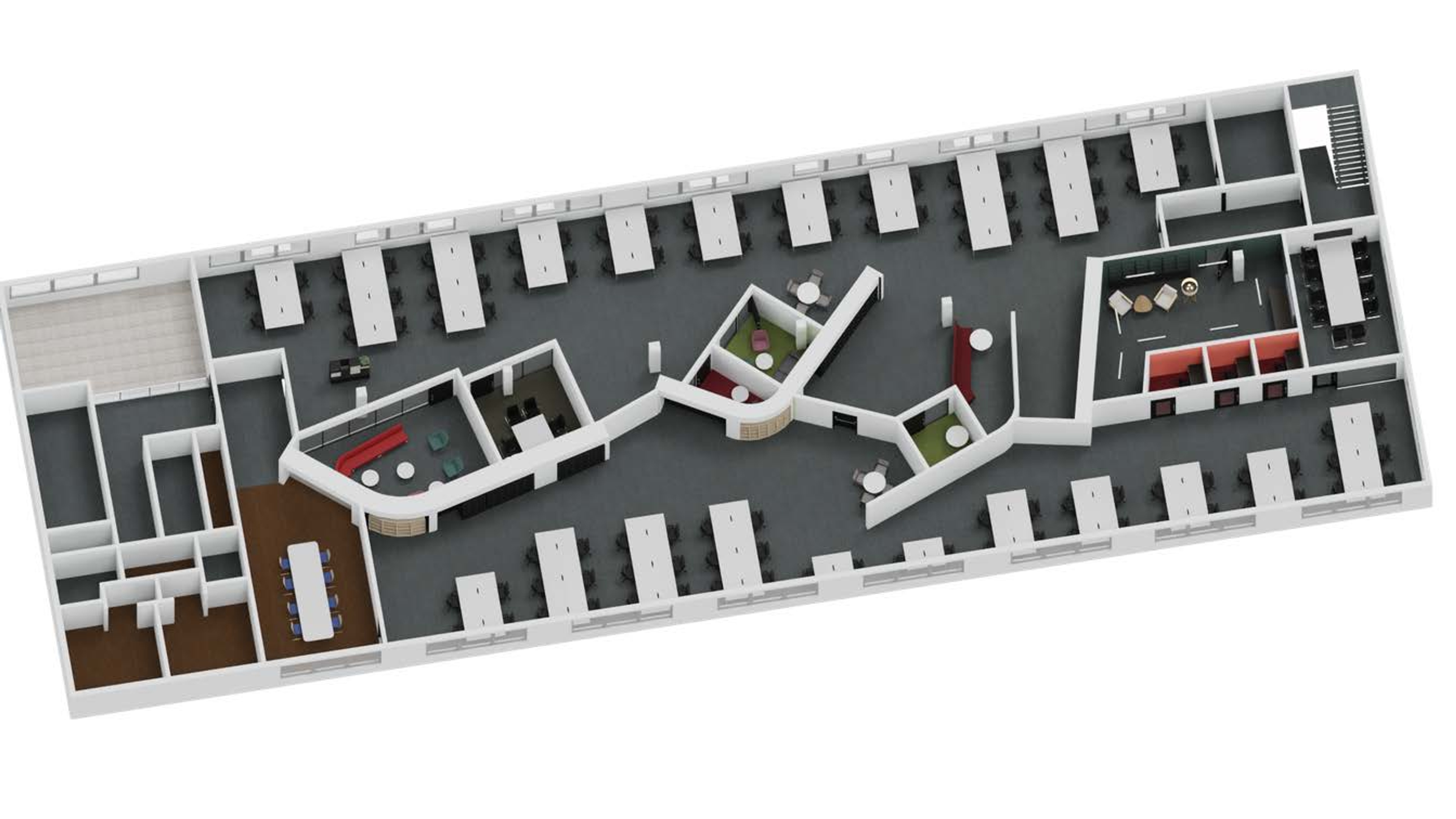 3D floor plan render of the 48 desk office suite at Hope Park Jubilee House, Bradford