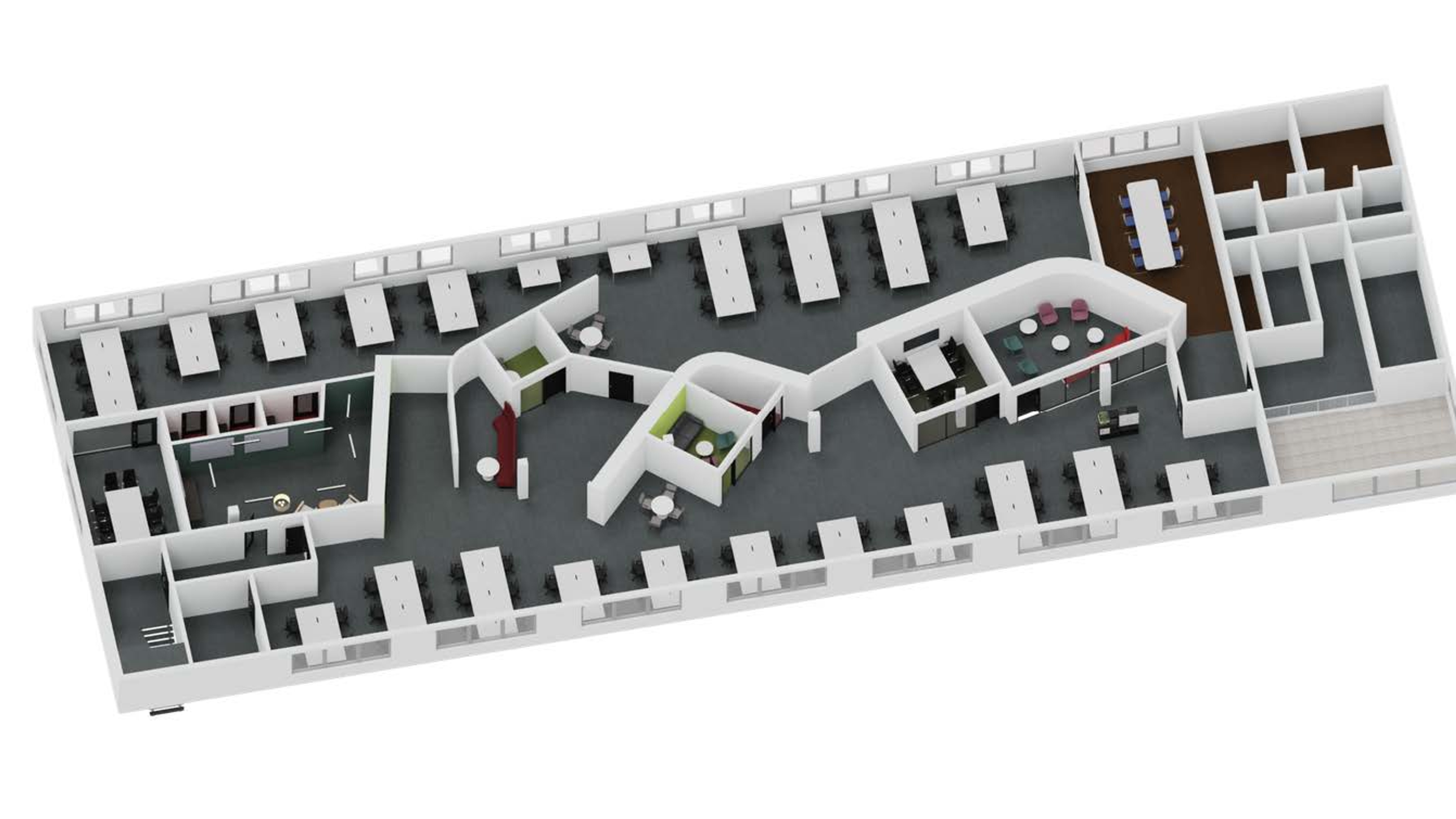 3D floor plan render of the 52 desk office suite at Hope Park Jubilee House, Bradford